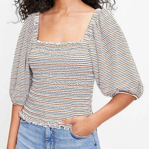 LOFT Striped Square Neck Puff Sleeve Top, Color White/Blue/Yellow Size M